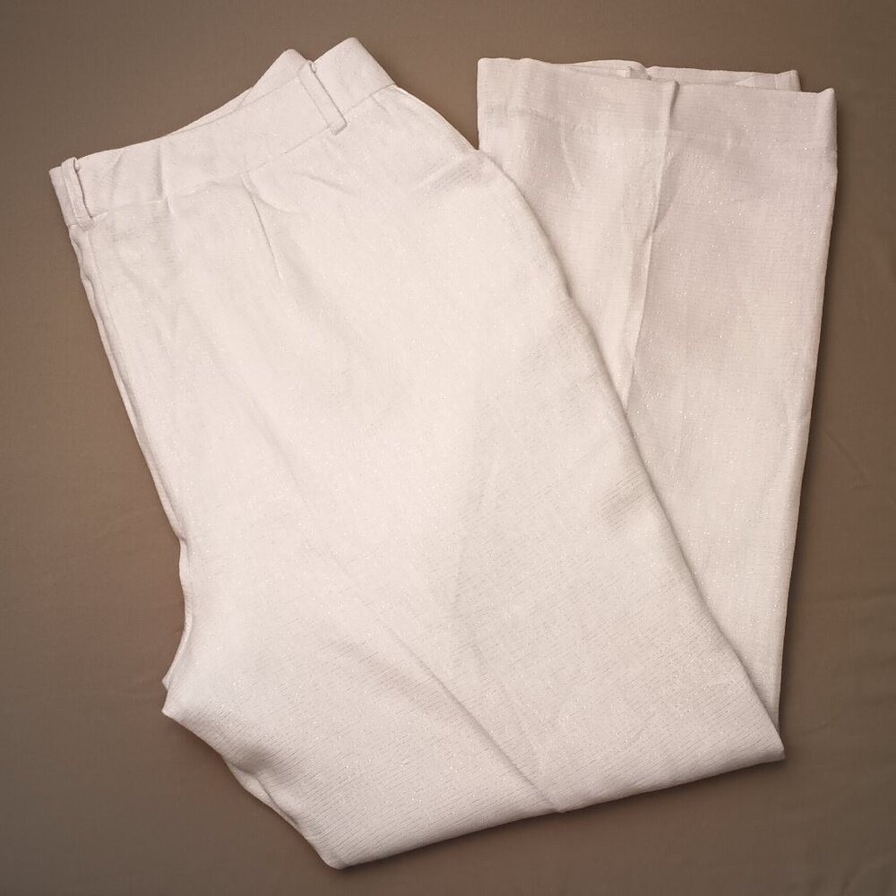 Pamela Dennis Women Metallic Linen Blend Straight Leg Trousers Size 20W White